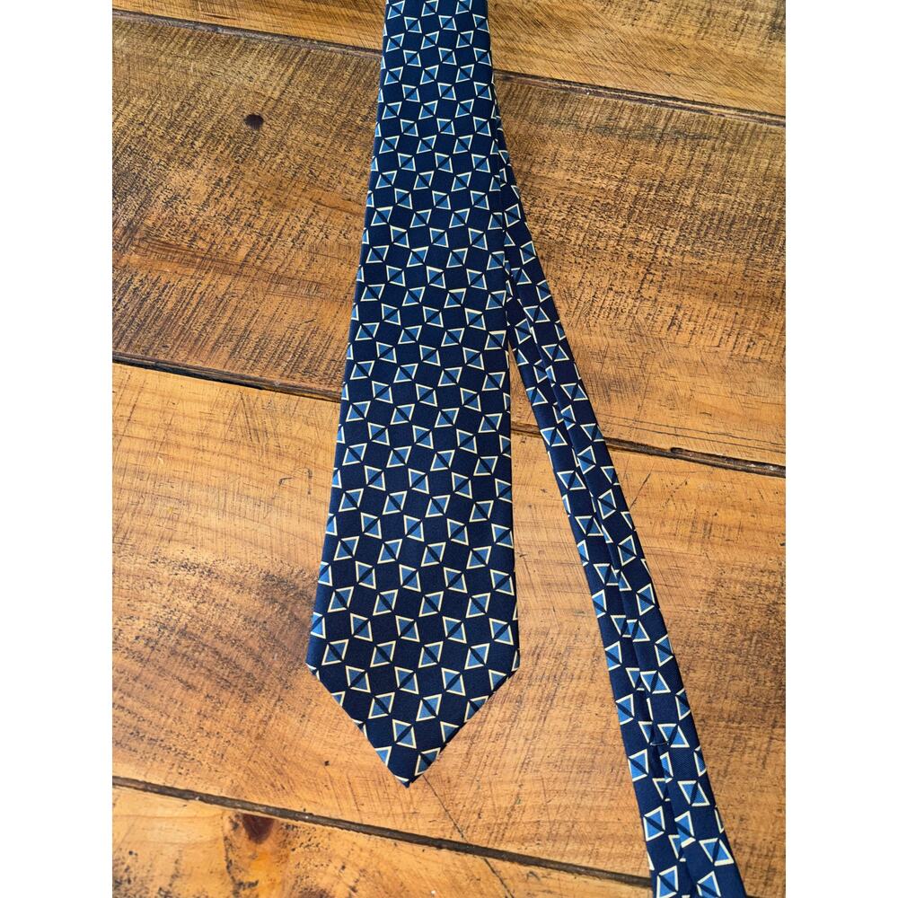 Mens Polo Ralph Lauren Vintage Blue Triangle Geometric Design 100% Silk Tie‎